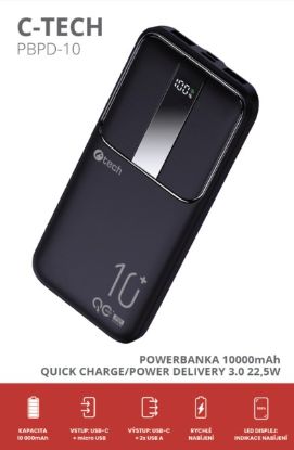 Obrázek C-TECH Powerbanka 10000mAh, Li-Pol, 22,5W, USB-C/USB-A/micro USB