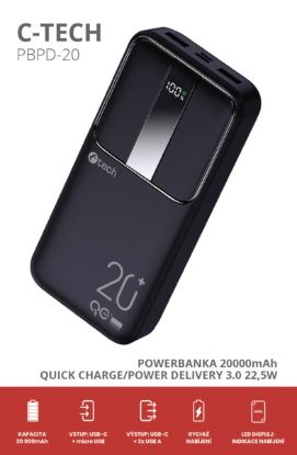 Obrázek C-TECH Powerbanka 20000mAh, Li-Pol, 22,5W, USB-C/USB-A/micro USB