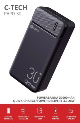 Obrázek C- TECH Powerbanka 30000mAh, Li- Pol, 20 W, USB- C/ USB- A/ micro USB