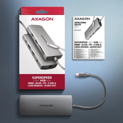 Obrázek AXAGON HMC-8HLSA, USB 5Gbps hub, 3x USB-A, HDMI 4k/60Hz, kabel USB-C 20cm