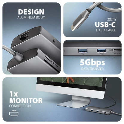Obrázek AXAGON HMC-8HLSA, USB 5Gbps hub, 3x USB-A, HDMI 4k/60Hz, kabel USB-C 20cm