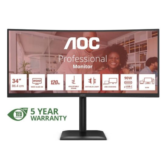 Obrázek AOC MT 34" CU34E4CV - 3440x1440, VA, 120Hz, HDR10, 2xHDMI, DP, USBhub, USB- C, RJ45, repro, Zakřivený
