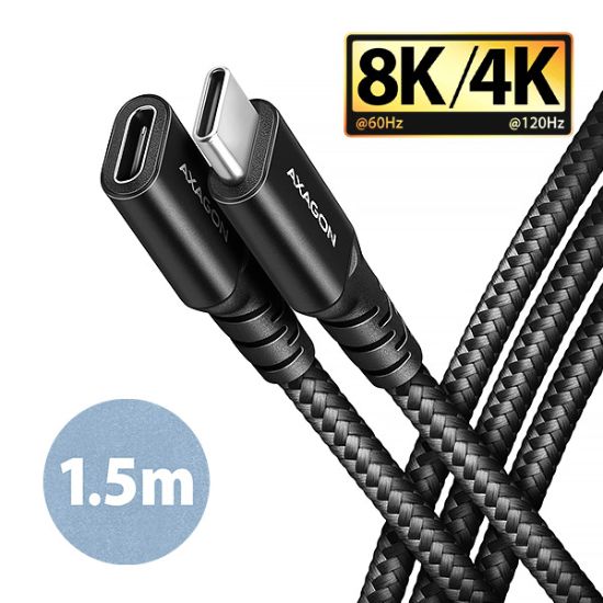 Obrázek AXAGON BUCM32-CF15AB prodlužovací kabel USB-C (M) <-> USB-C (F), 1.5m, USB 20Gbps, PD 240W 5A, 8K HD, ALU, oplet, černý