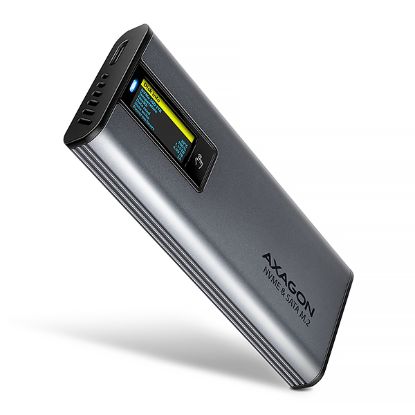 Obrázek AXAGON EEM2-SD2 USB-C 10Gbps - M.2 NVMe & SATA SSD kovový DISPLAY box, bezšroubkový