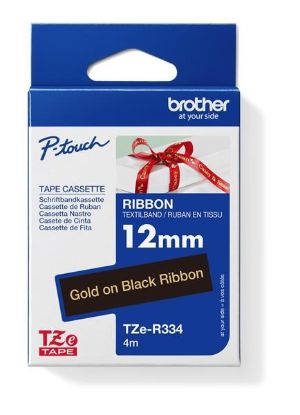 Obrázek BROTHER TZE-R334 - kazeta TZ šířky 12mm, TEXTILNÍ páska 4m- pro tvorbu dárků - NELEPÍCÍ - ČERNÁ PÁSKA, ZLATÝ POTISK gold