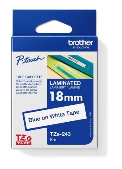 Obrázek BROTHER TZE243 - kazeta TZ šířky 18mm, laminovaná TZE-243, bílá/modré písmo