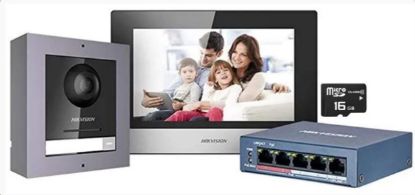 Obrázek Hikvision DS- KIS602(B), Kit IP videotelefonu, bytový monitor + dveřní stanice + switch