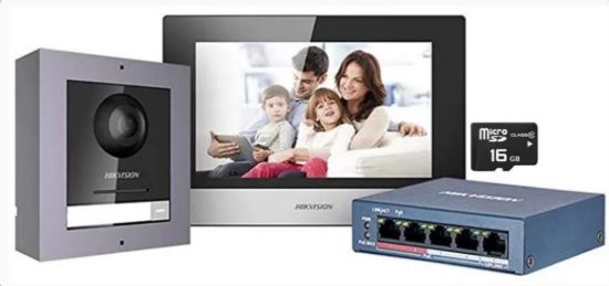Obrázek Hikvision DS-KIS602(B), Kit IP videotelefonu, bytový monitor + dveřní stanice + switch