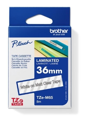 Obrázek BROTHER Matná laminovaná páska pro tisk štítků Brother TZe-M65 – bílý tisk na čirém podkladu, šířka 36 mm
