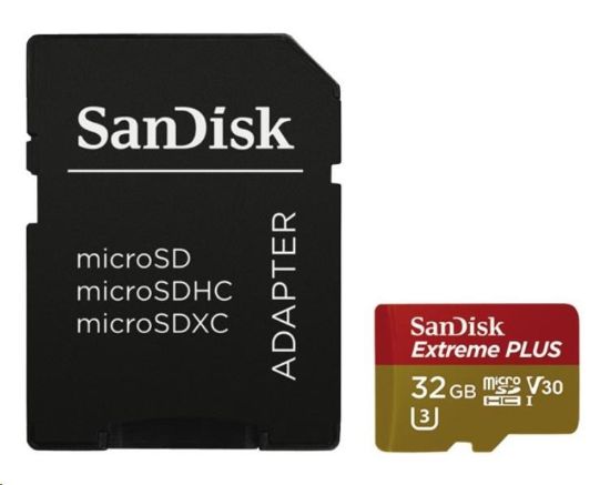 Obrázek SanDisk MicroSDHC karta 32GB Extreme PLUS (10MB/s, UHS-I V30, Rescue Pro Deluxe) + adaptér