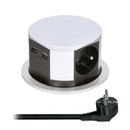 Obrázek Solight výsuvný blok zásuvek, 3 zásuvky, 2x USB, kruhový tvar nízký, prodlužovací přívod 1, 5m, 3 x 1mm2, stříbrný