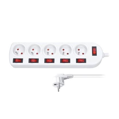 Obrázek Solight prodlužovací přívod, 5 zásuvek, bílý, 6x vypínač, 2m