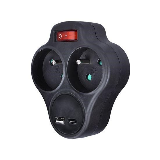 Obrázek Solight rozbočka s USB A+C nabíječkou, 2 x 10A, černá, vypínač