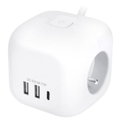 Obrázek Solight 3z + USB A+C prodlužovací přívod - kostka, kabel 2m, 3 x 1mm2, bílý, vypínač