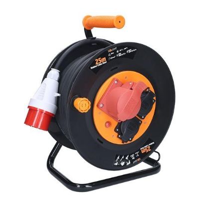 Obrázek Solight prodlužovací přívod na bubnu, 3 zásuvky, 400V + 230V, 25m gumový kabel 5x1, 5mm2, IP44