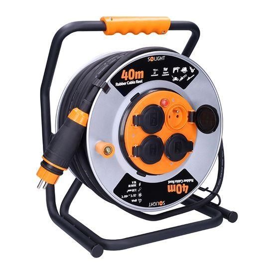 Obrázek Solight prodlužovací přívod - na kovovém bubnu, 4 zásuvky, 40m kabel guma-neopren, 3x 2,5mm2, IP44