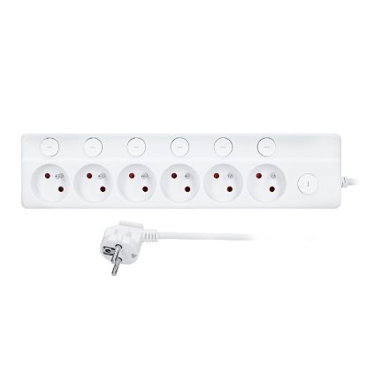 Obrázek Solight 6z prodlužovací přívod, 2m, 3 x 1mm2, bílý, 6+1 vypínač