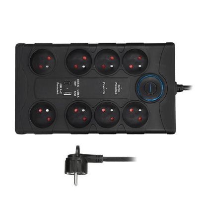 Obrázek Solight přepěťová ochrana, 8z, USB A+CA, 2m, černá