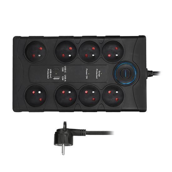 Obrázek Solight přepěťová ochrana, 8z, USB A+CA, 2m, černá
