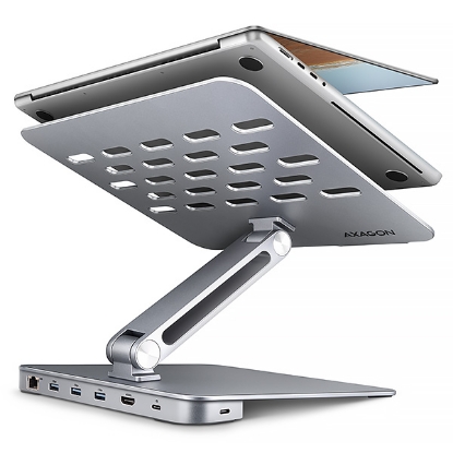 Obrázek AXAGON HMC-STND, stojan pro 10"-16" notebooky, USB 5Gbps hub, 3x USB-A, HDMI 4k/60Hz, RJ-45, PD 100W, kabel USB-C 60cm