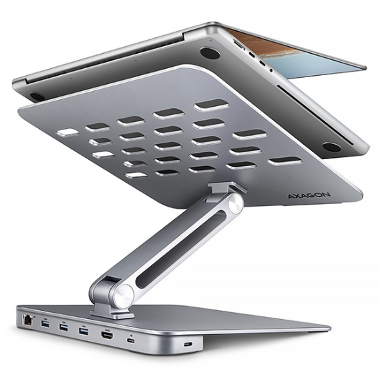 Obrázek AXAGON HMC-STND, stojan pro 10"-16" notebooky, USB 5Gbps hub, 3x USB-A, HDMI 4k/60Hz, RJ-45, PD 100W, kabel USB-C 60cm