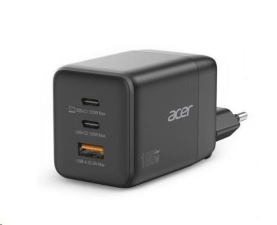 Obrázek ACER Adaptér 100W GaN charger, 3porty: 2x USB-C + 1x USB-A ports, EU a UK zástrčka, textilní obal, black