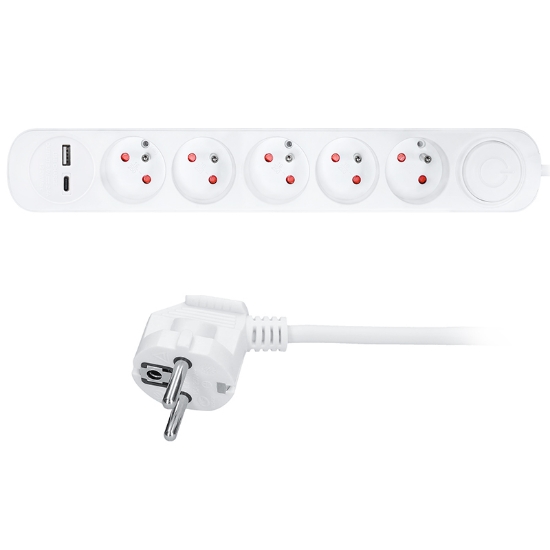 Obrázek Solight prodlužovací přívod 5 zásuvek, USB A+C nabíječka 12W, 3m, 3 x 1mm2, bílý, vypínač