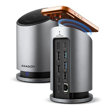 Obrázek AXAGON HMC-WL9, USB 10Gbps hub s Qi, 3x USB-A, USB-C, HDMI & DP 4k/60Hz, RJ-45 GLAN, PD 100W, kabel USB-C 60cm