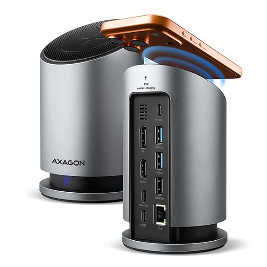 Obrázek AXAGON HMC-WL9, USB 10Gbps hub s Qi, 3x USB-A, USB-C, HDMI & DP 4k/60Hz, RJ-45 GLAN, PD 100W, kabel USB-C 60cm
