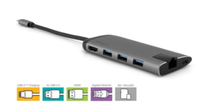 Obrázek VERBATIM Dokovací stanice USB-C 7v1, 1xHDMI, 1xUSB-C, 3xUSB, 1xRJ45, čtečka SD karet, šedá