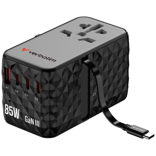 Obrázek VERBATIM GaN Nabíječka do sítě s vestavěným USB-C kabelem Charge 'n' Travel, 85W, 4xUSB-C, 1xUSB