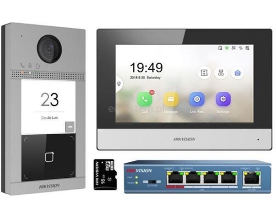 Obrázek HIKVISION DS-KIS604-S(C)Kit IP videotelefonu, bytový monitor + dveřní stanice + switch + microSD