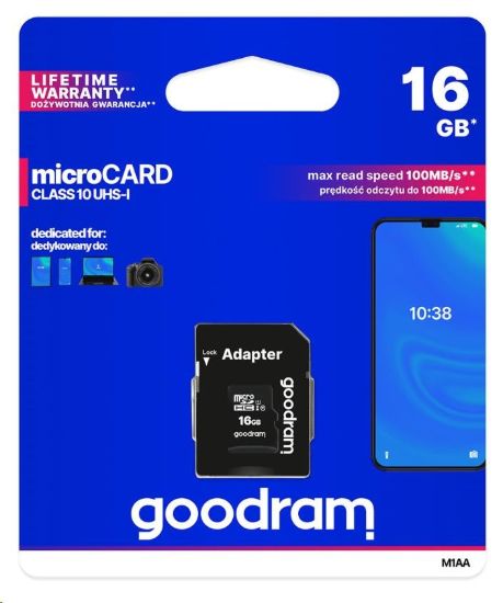 Obrázek GOODRAM MicroSDHC karta 16GB M1AA, UHS-I Class 10, U1 + adaptér