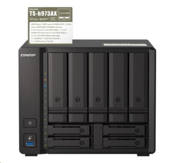 Obrázek QNAP TS- h973AX- 32G (4C/ RyzenV1500B/ 2, 2GHz/ 32 GBRAM/ 9xSATA/ 2 x 2, 5GbE/ 1 x 10GbE/ 4xUSB3.2)