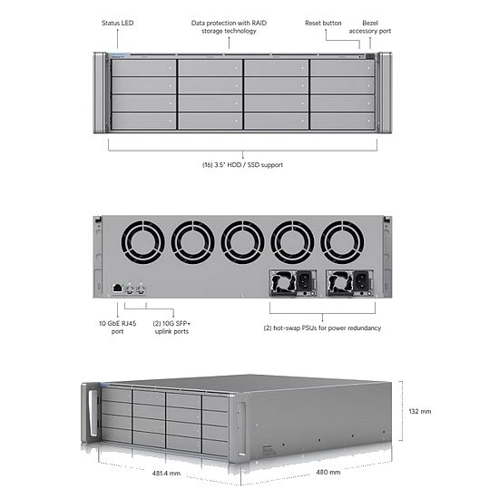 Obrázek Ubiquiti Enterprise Network Video Recorder (ENVR-EU) - NVR, 3U, 16-bay pro HDD/SDD, 2/1x 10Gb SFP+/RJ45, 2x zdroj