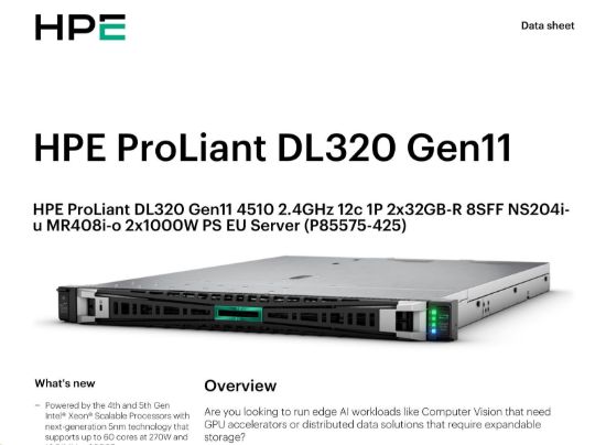 Obrázek HPE PL DL320g11 4510 (2.4/12C) 2x32G (p64706) NS204(2x480) MR408i-o 8SFF 2x1000W 2p1G Smart Choice
