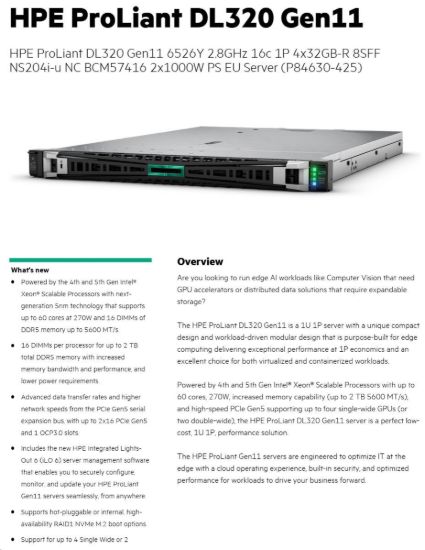 Obrázek HPE PL DL320g11 6526Y (2.8/16C) 4x32G (p64706) 8SFF NS204(2x480Gm.2) 2x1000W 2p10GT 7F Smart Choice