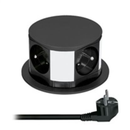 Obrázek Solight prodlužovací přívod, 4 zásuvky, černý, 1, 5m, výsuvný blok zásuvek, kruhový tvar