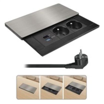 Obrázek Solight vestavný blok zásuvek s posuvným krytem, 2 zásuvky, USB A+C 20 W PD, 2m, stříbrný