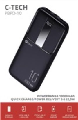Obrázek C- TECH Powerbanka 10000mAh, Li- Pol, 22, 5 W, USB- C/ USB- A/ micro USB