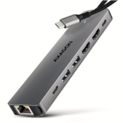 Obrázek AXAGON HMC- 7HX2, USB 5Gbps hub, 2x USB- A, USB- C, 2x HDMI 4k/ 60 Hz, RJ- 45 GLAN, PD 100 W, kabel USB- C 15cm