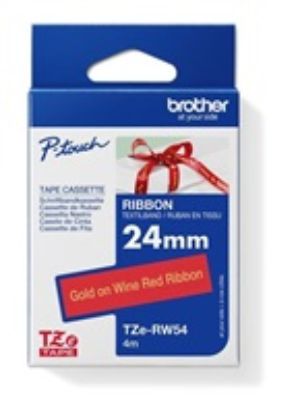 Obrázek BROTHER TZE- RW54 - kazeta TZ šířky 24mm, TEXTILNÍ páska 4m- pro tvorbu dárků - NELEPÍCÍ - ČERVENÁ PÁSKA ZLATÝ POTISK…