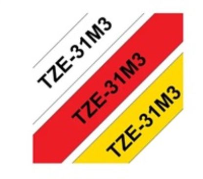 Obrázek BROTHER Originální kazety s páskou Brother TZe- 31M3 - černá na červené, bílé a žluté, šířka 12 mm