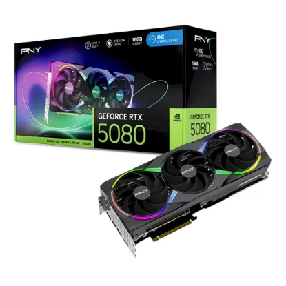 Obrázek PNY VGA Nvidia GeForce RTX 5080 16 GB ARGB OC Triple Fan, RTX 5080 OC, 16 GB GDDR7, 3xDP, 1xHDMI