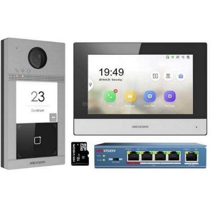 Obrázek HIKVISION DS- KIS604- S(C)Kit IP videotelefonu, bytový monitor + dveřní stanice + switch + microSD