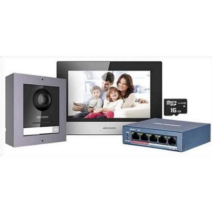 Obrázek Hikvision DS- KIS602(B), Kit IP videotelefonu, bytový monitor + dveřní stanice + switch