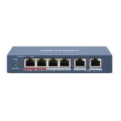 Obrázek Hikvision DS- 3E1106HP- EI, Smart switch 1x 100TX HI- PoE + 3x 100TX PoE; 2x 100TX uplink, 60 W, Super PoE