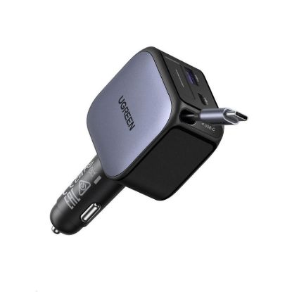 Obrázek UGREEN rychlonabíječka do auta se zatahovacím kabelem 60 W 3- Port, 2x USB- C, 1x USB- A, GaN, stříbrná