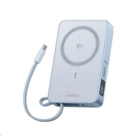 Obrázek UGREEN magnetická powerbanka MagFlow 10000mAh s diplejem, Li- ion, 30 W, MagSafe, 2x USB- C, stříbrná