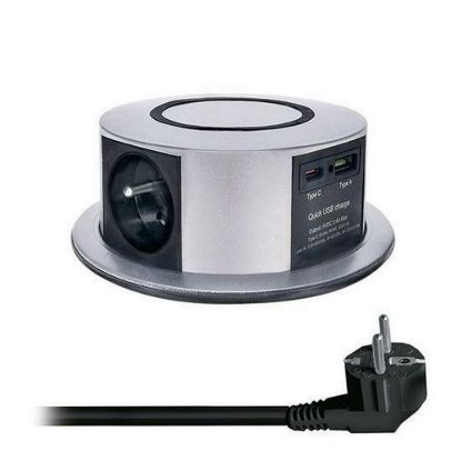Obrázek Solight 3z + USB A+C 20 W PD, Wireless 10 W, výsuvný blok zásuvek, 2m, stříbrný